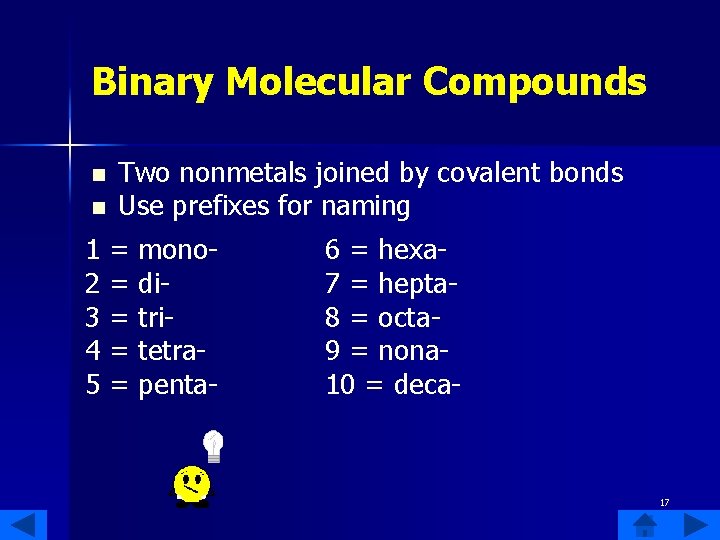 Binary Molecular Compounds n n 1 2 3 4 5 Two nonmetals joined by