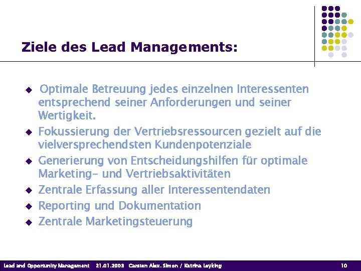 Ziele des Lead Managements: Optimale Betreuung jedes einzelnen Interessenten entsprechend seiner Anforderungen und seiner Ziele des Lead Managements: Optimale Betreuung jedes einzelnen Interessenten entsprechend seiner Anforderungen und seiner