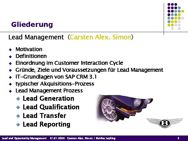Gliederung Lead Management (Carsten Alex. Simon) Motivation Definitionen Einordnung im Customer Interaction Cycle Gründe, Gliederung Lead Management (Carsten Alex. Simon) Motivation Definitionen Einordnung im Customer Interaction Cycle Gründe,