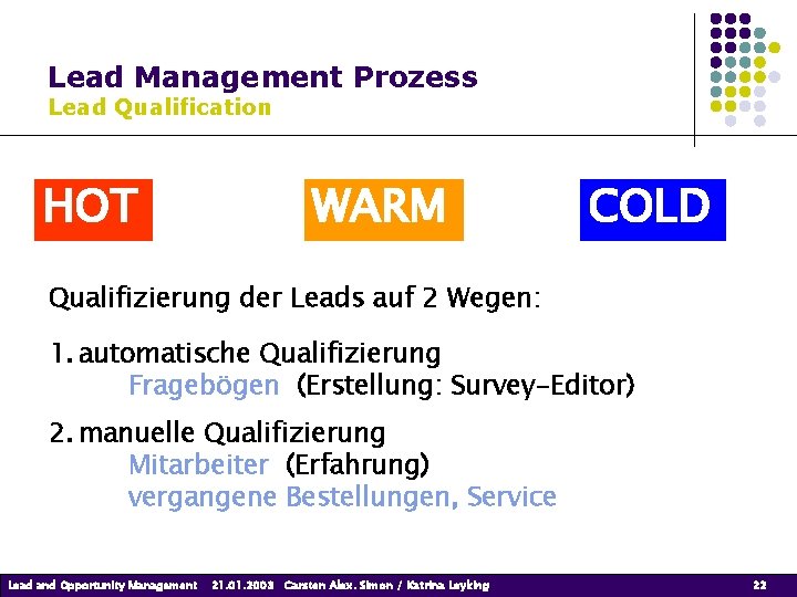 Lead Management Prozess Lead Qualification HOT WARM COLD Qualifizierung der Leads auf 2 Wegen: Lead Management Prozess Lead Qualification HOT WARM COLD Qualifizierung der Leads auf 2 Wegen: