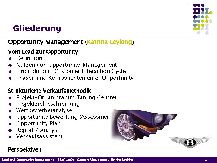 Gliederung Opportunity Management (Katrina Leyking) Vom Lead zur Opportunity Definition Nutzen von Opportunity-Management Einbindung Gliederung Opportunity Management (Katrina Leyking) Vom Lead zur Opportunity Definition Nutzen von Opportunity-Management Einbindung