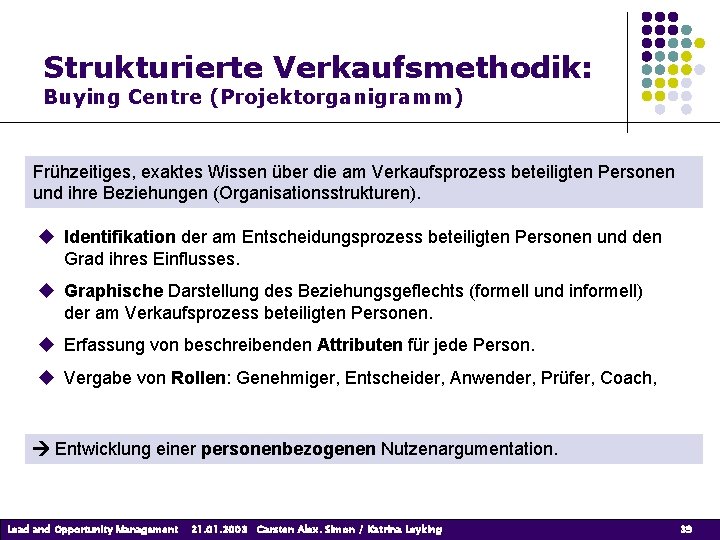 Strukturierte Verkaufsmethodik: Buying Centre (Projektorganigramm) Frühzeitiges, exaktes Wissen über die am Verkaufsprozess beteiligten Personen Strukturierte Verkaufsmethodik: Buying Centre (Projektorganigramm) Frühzeitiges, exaktes Wissen über die am Verkaufsprozess beteiligten Personen