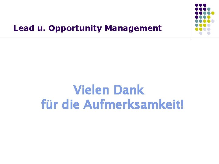 Lead u. Opportunity Management Vielen Dank für die Aufmerksamkeit! Lead u. Opportunity Management Vielen Dank für die Aufmerksamkeit!
