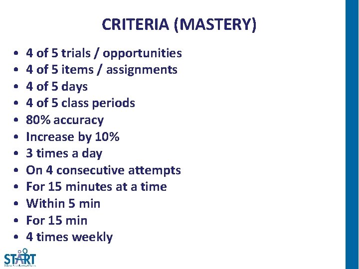 CRITERIA (MASTERY) • • • 4 of 5 trials / opportunities 4 of 5