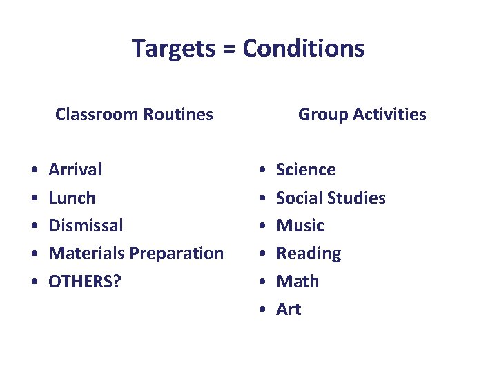 Targets = Conditions Classroom Routines • • • Arrival Lunch Dismissal Materials Preparation OTHERS?