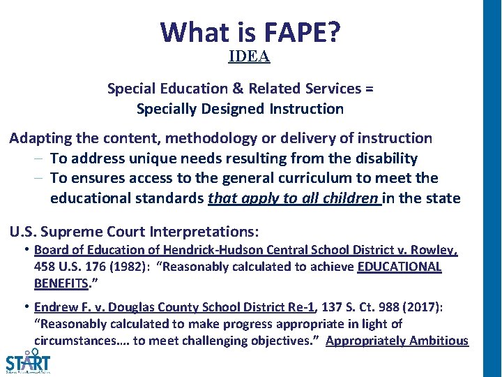 What is FAPE? IDEA Special Education & Related Services = Specially Designed Instruction Adapting