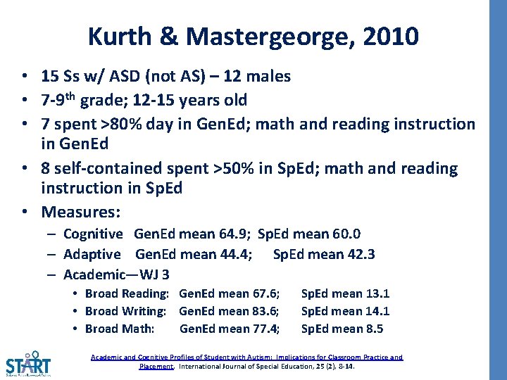 Kurth & Mastergeorge, 2010 • 15 Ss w/ ASD (not AS) – 12 males