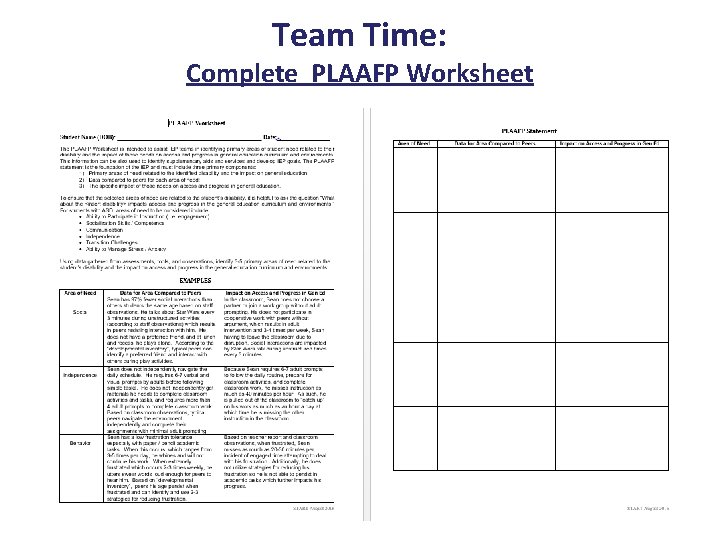 Team Time: Complete PLAAFP Worksheet 