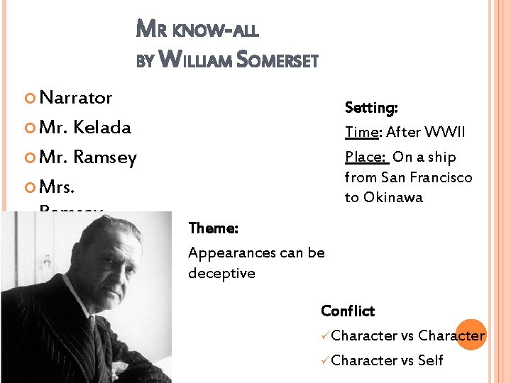 MR KNOW-ALL BY WILLIAM SOMERSET Narrator Setting: Time: After WWII Place: On a ship