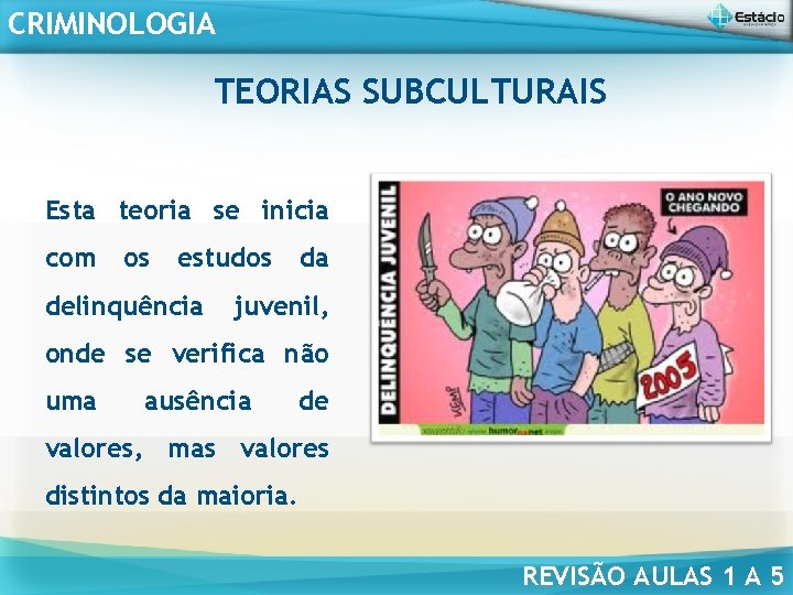 CRIMINOLOGIA TEORIAS SUBCULTURAIS Esta teoria se inicia com os estudos delinquência da juvenil, onde