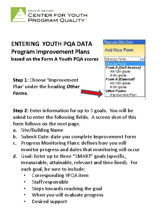 ENTERING YOUTH PQA DATA Program Improvement Plans based on the Form A Youth PQA