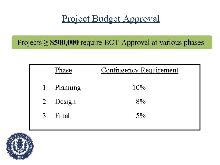 Project Budget Approval Projects ≥ $500, 000 require BOT Approval at various phases: Phase