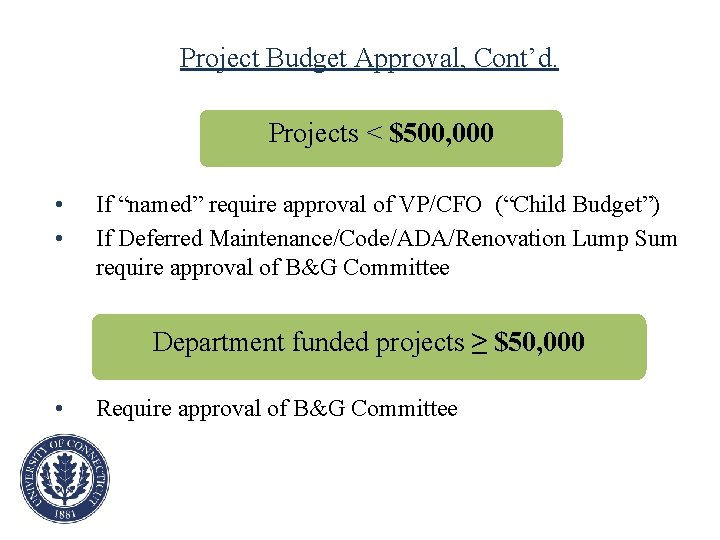 Project Budget Approval, Cont’d. Projects < $500, 000 • • If “named” require approval