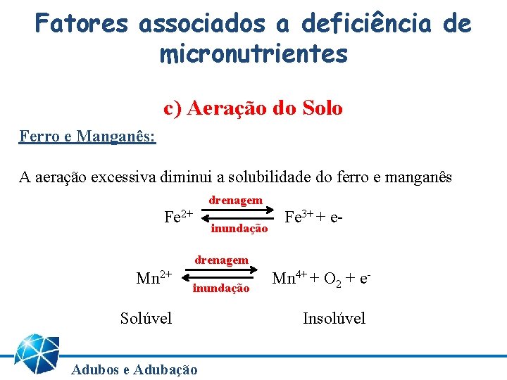 Fatores associados a deficiência de micronutrientes c) Aeração do Solo Ferro e Manganês: A