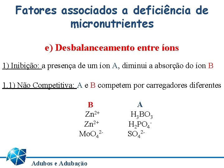 Fatores associados a deficiência de micronutrientes e) Desbalanceamento entre íons 1) Inibição: a presença