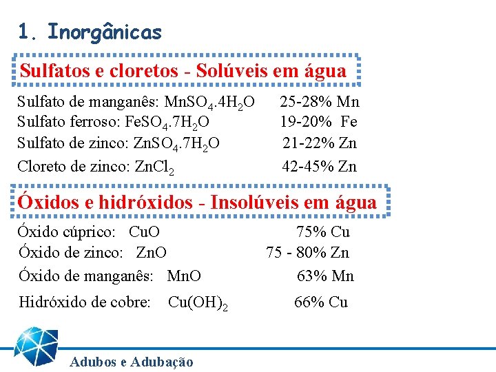 1. Inorgânicas Sulfatos e cloretos - Solúveis em água Sulfato de manganês: Mn. SO