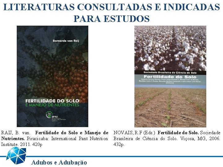 LITERATURAS CONSULTADAS E INDICADAS PARA ESTUDOS RAIJ, B. van. Fertilidade do Solo e Manejo