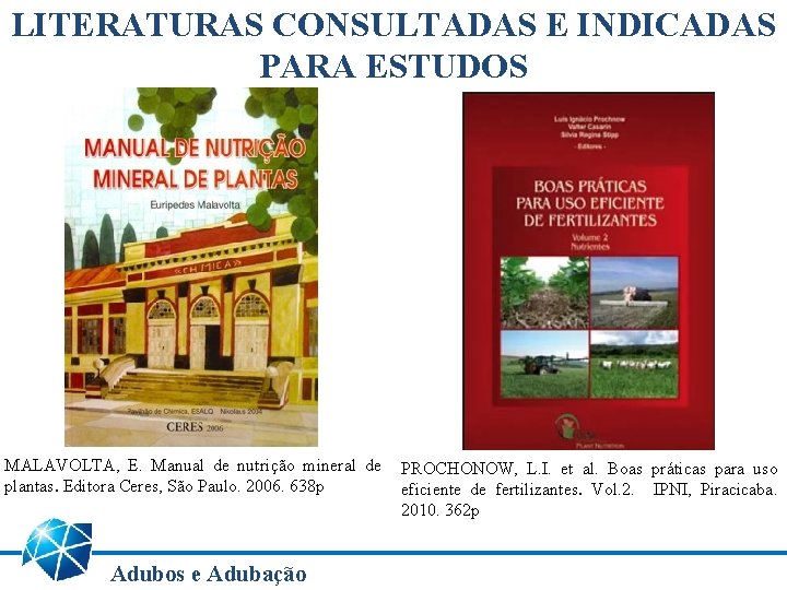 LITERATURAS CONSULTADAS E INDICADAS PARA ESTUDOS MALAVOLTA, E. Manual de nutrição mineral de plantas.