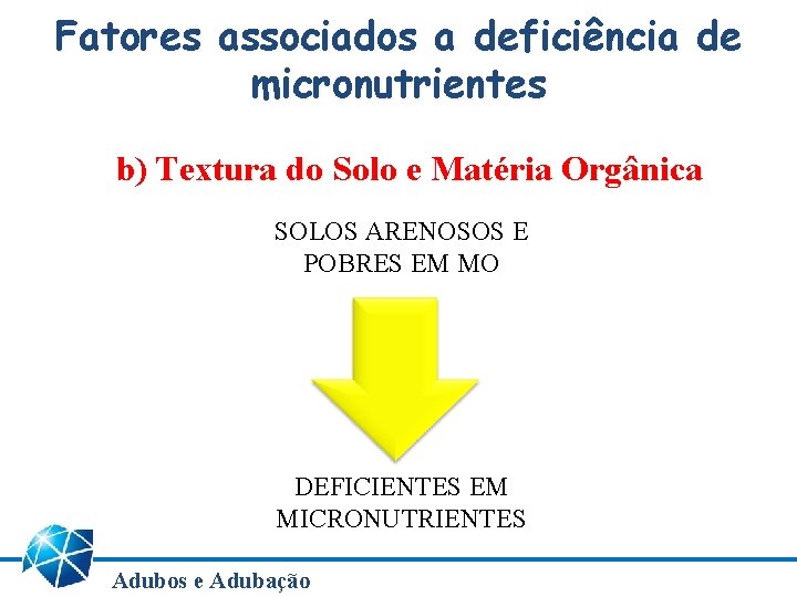 Fatores associados a deficiência de micronutrientes b) Textura do Solo e Matéria Orgânica SOLOS Fatores associados a deficiência de micronutrientes b) Textura do Solo e Matéria Orgânica SOLOS