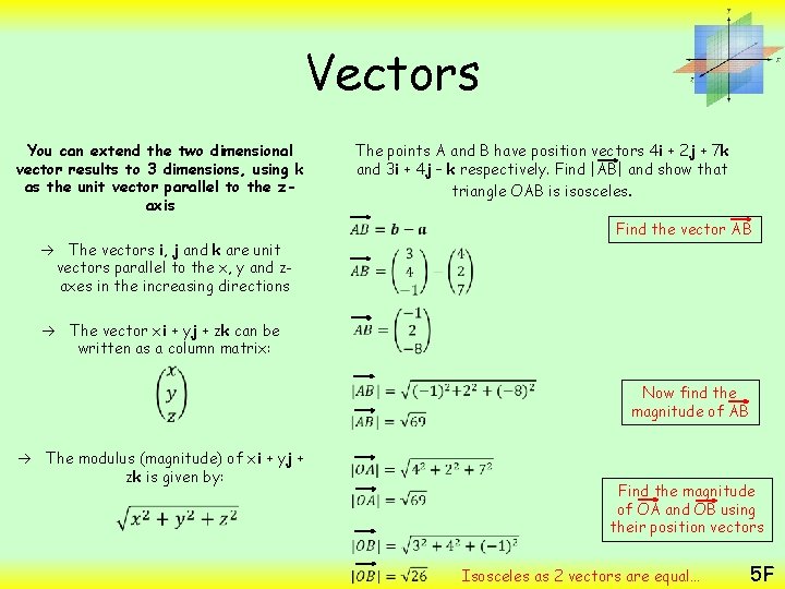 Vectors You can extend the two dimensional vector results to 3 dimensions, using k