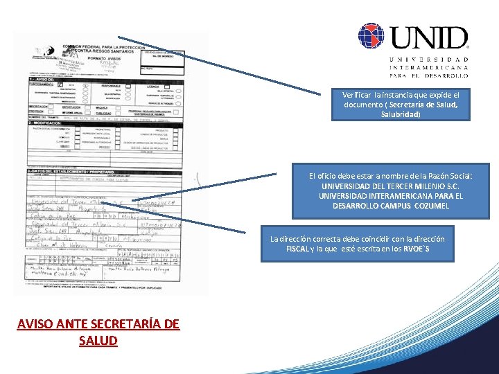 Verificar la instancia que expide el documento ( Secretaría de Salud, Salubridad) El oficio