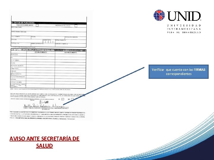 Verificar que cuente con las FIRMAS correspondientes AVISO ANTE SECRETARÍA DE SALUD 