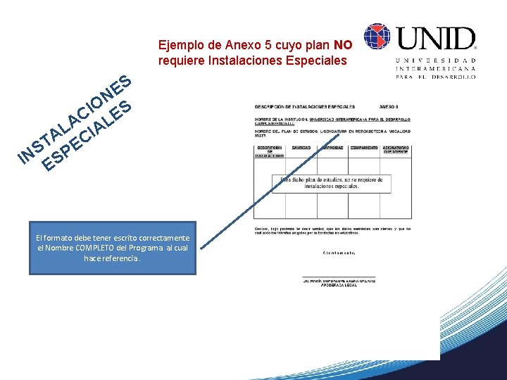 Ejemplo de Anexo 5 cuyo plan NO requiere Instalaciones Especiales S E N O