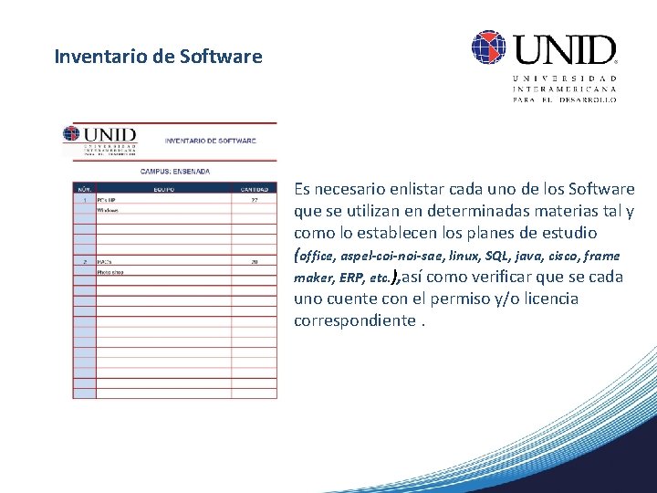 Inventario de Software Es necesario enlistar cada uno de los Software que se utilizan