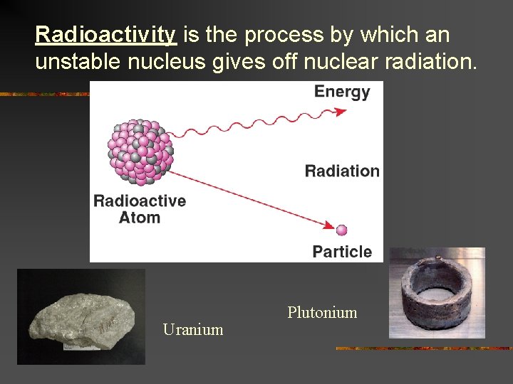 Radioactivity is the process by which an unstable nucleus gives off nuclear radiation. Uranium