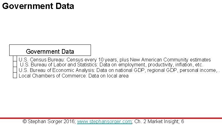 Government Data U. S. Census Bureau: Census every 10 years, plus New American Community