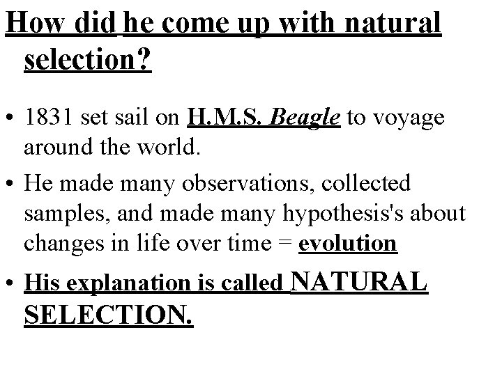 How did he come up with natural selection? • 1831 set sail on H.