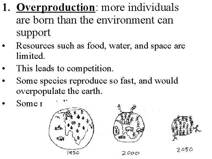 1. Overproduction: more individuals are born than the environment can support • • Resources