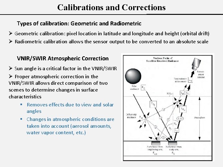 Calibrations and Corrections Types of calibration: Geometric and Radiometric Ø Geometric calibration: pixel location