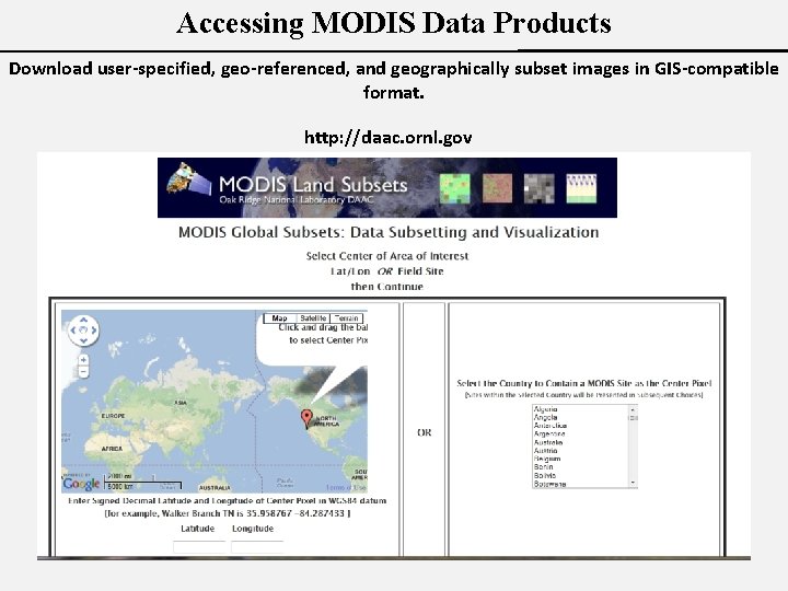 Accessing MODIS Data Products Download user-specified, geo-referenced, and geographically subset images in GIS-compatible format.