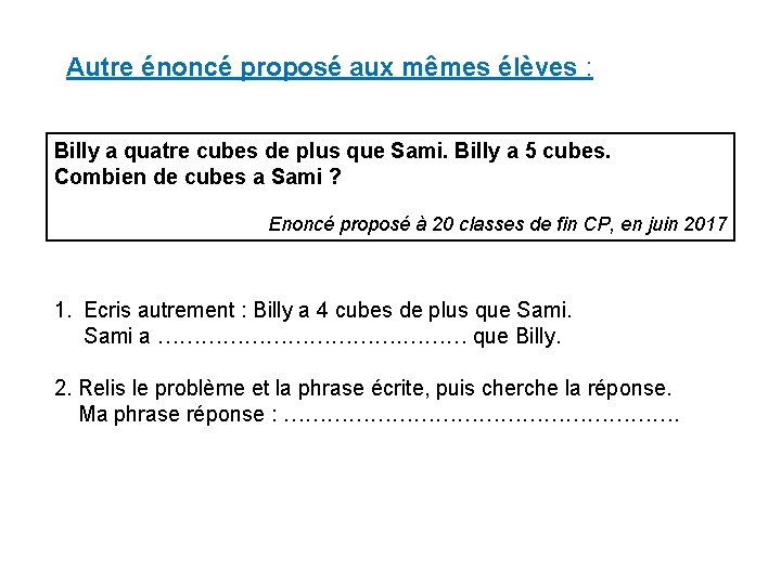 Autre énoncé proposé aux mêmes élèves : Billy a quatre cubes de plus que