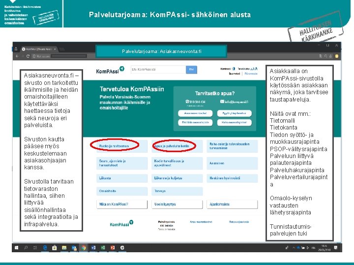 Palvelutarjoama: Kom. PAssi- sähköinen alusta Palvelutarjoama: Asiakasneuvonta. fi – sivusto on tarkoitettu ikäihmisille ja