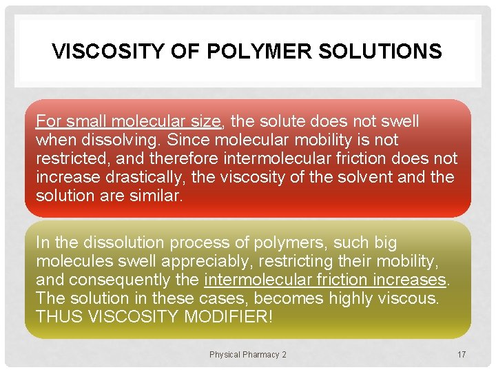 VISCOSITY OF POLYMER SOLUTIONS For small molecular size, the solute does not swell when