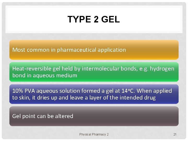 TYPE 2 GEL Most common in pharmaceutical application Heat-reversible gel held by intermolecular bonds,