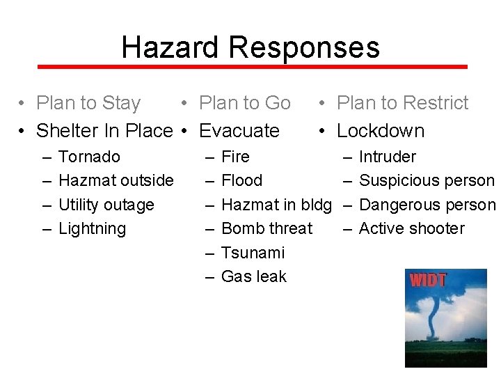 Hazard Responses • Plan to Stay • Plan to Go • Shelter In Place