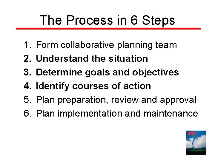 The Process in 6 Steps 1. 2. 3. 4. 5. 6. Form collaborative planning