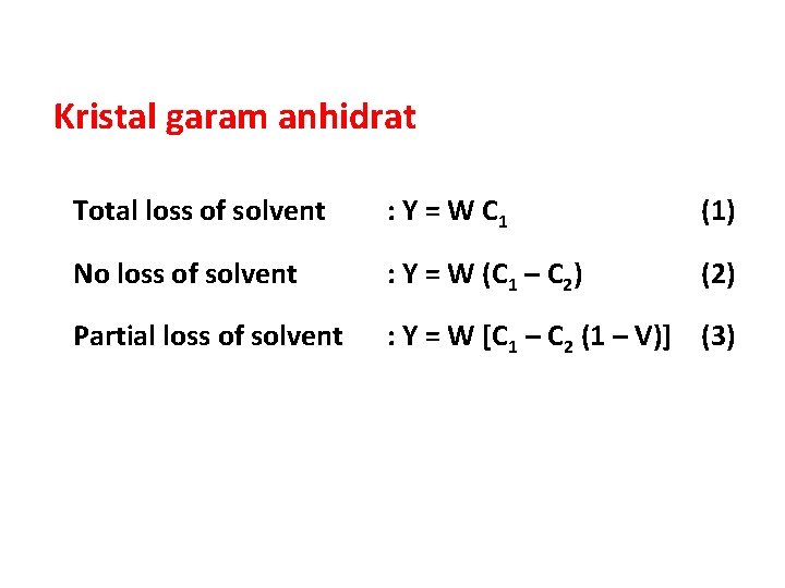 Kristal garam anhidrat Total loss of solvent : Y = W C 1 (1)
