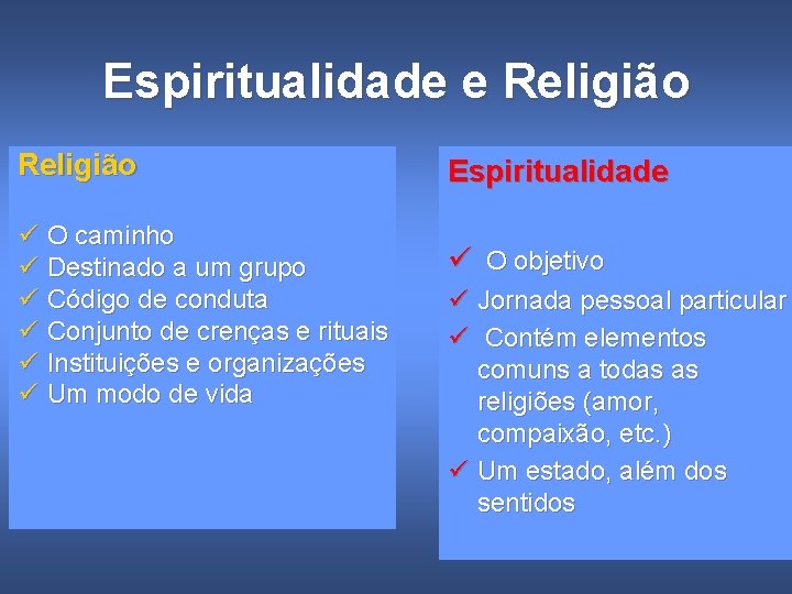 Espiritualidade e Religião ü O caminho ü Destinado a um grupo ü Código de