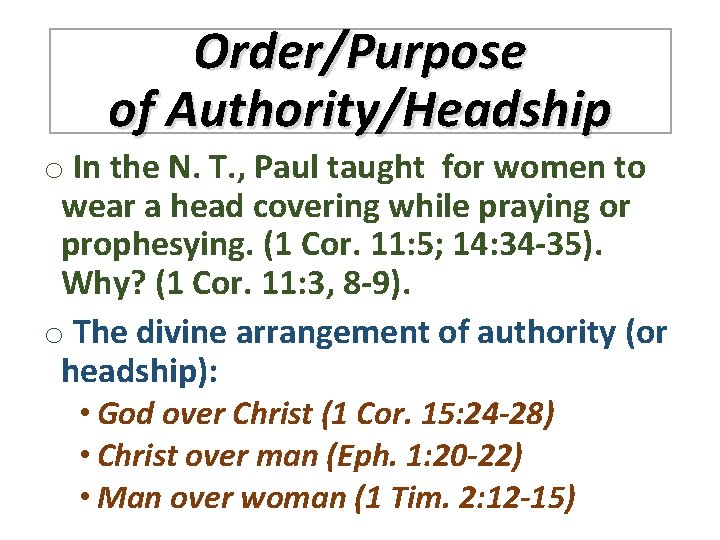 Order/Purpose of Authority/Headship o In the N. T. , Paul taught for women to