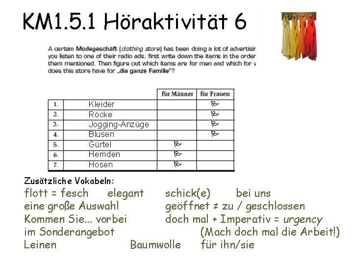 KM 1. 5. 1 Höraktivität 6 Kleider Röcke Jogging-Anzüge Blusen Gürtel Hemden Hosen Zusätzliche