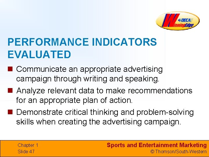 PERFORMANCE INDICATORS EVALUATED n Communicate an appropriate advertising campaign through writing and speaking. n