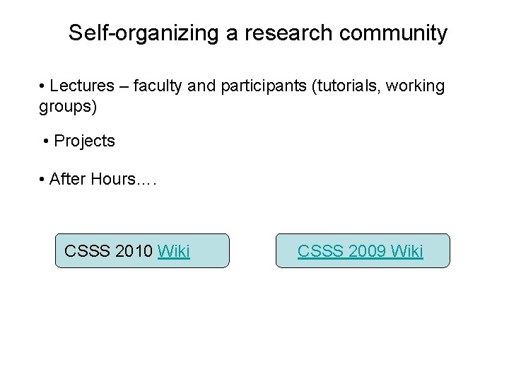Self-organizing a research community • Lectures – faculty and participants (tutorials, working groups) • Self-organizing a research community • Lectures – faculty and participants (tutorials, working groups) •