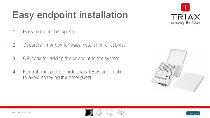 Easy endpoint installation 1. Easy to mount backplate. 2. Separate inner box for easy