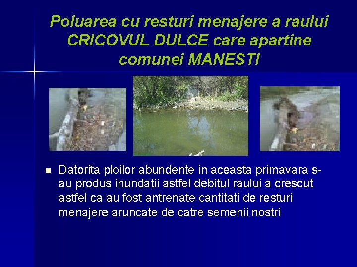 Poluarea cu resturi menajere a raului CRICOVUL DULCE care apartine comunei MANESTI n Datorita