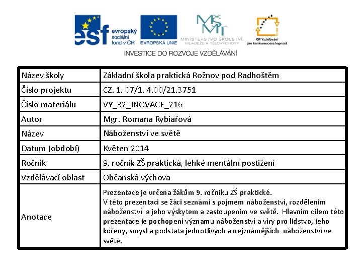 Název školy Základní škola praktická Rožnov pod Radhoštěm Číslo projektu CZ. 1. 07/1. 4.