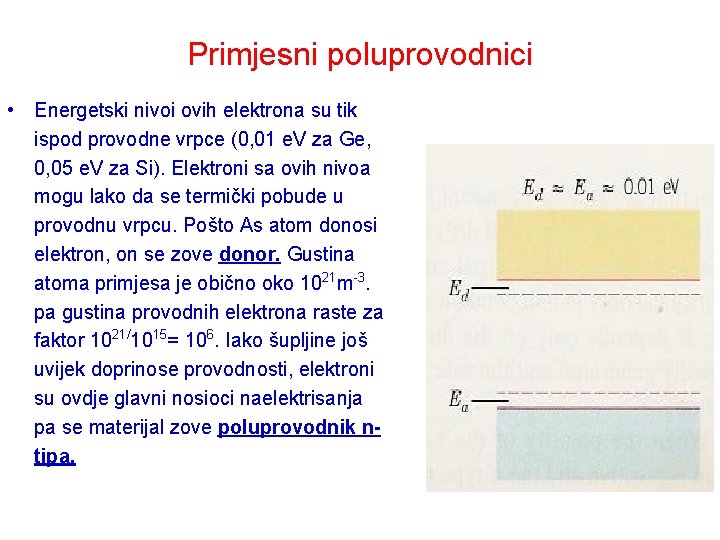 Primjesni poluprovodnici • Energetski nivoi ovih elektrona su tik ispod provodne vrpce (0, 01